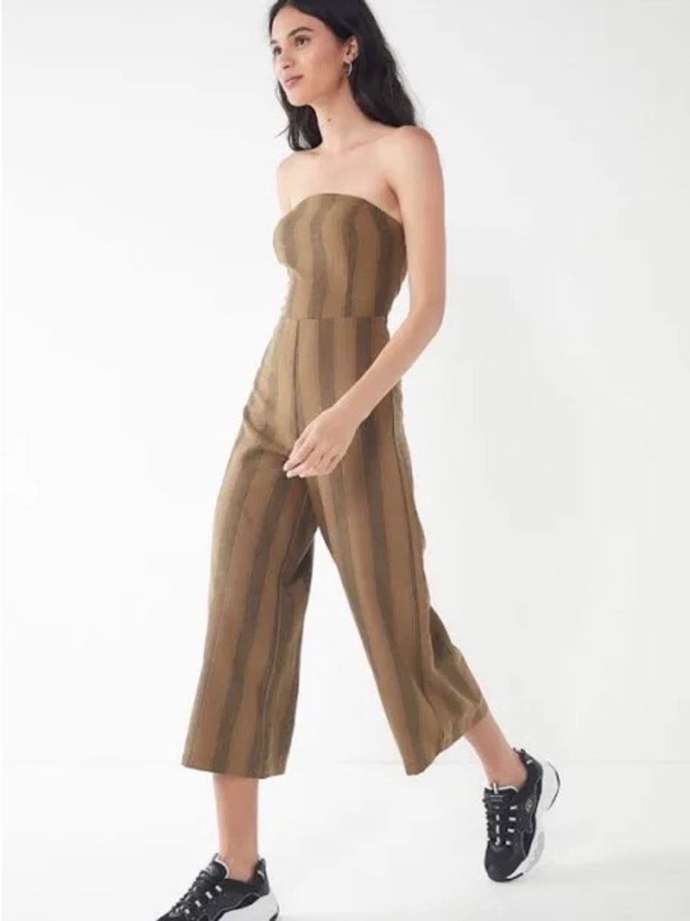 Urban Outfitters Brown Stripe Strapless Wide-Leg Jumpsuit Sz S - Picture 2 of 3